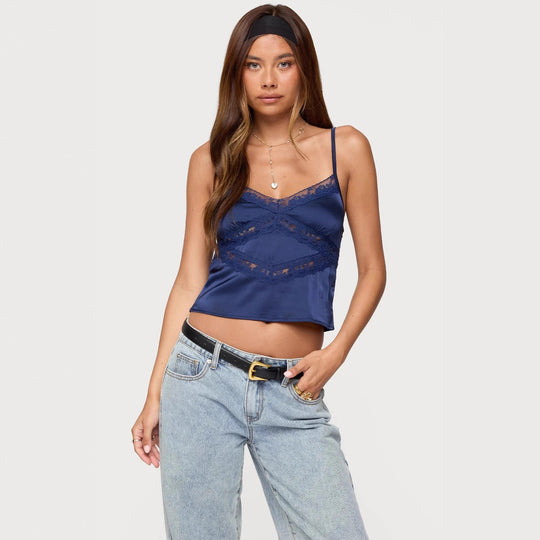 Damen Elegantes Satin-Cami-Top mit Spitzenverzierungen R&B