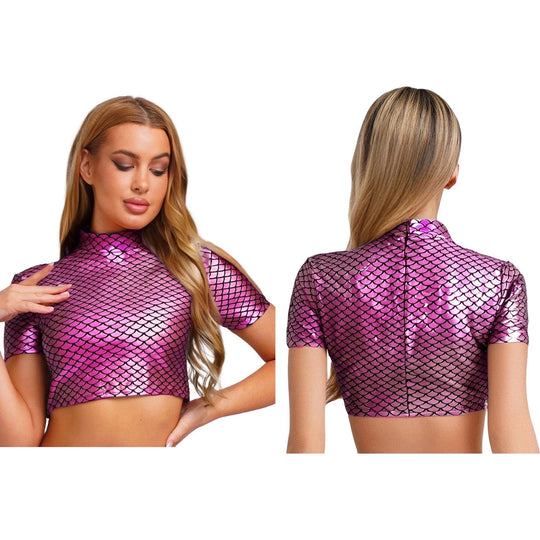Damen Glitzerndes Cropped Shirt mit schimmerndem Fischschuppen-Muster R&B