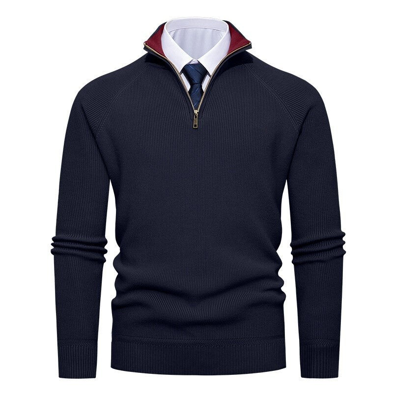 Herren nan feiner Strickpullover mit Halbzip, strukturierter Rippoptik und innen kontrastiertem Stehkragen R&B