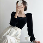 Damen elegantes Strickoberteil mit Puffärmeln und reizendem Quadrat-Ausschnitt