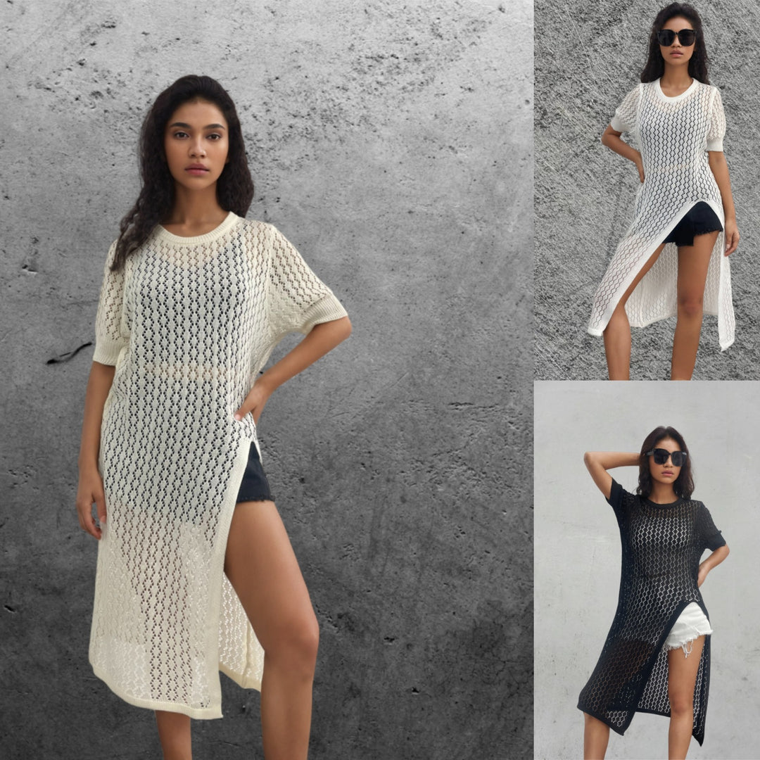 Damen Langer Strick-Kimono mit offenem Design und atmungsaktiver Maschenstruktur R&B