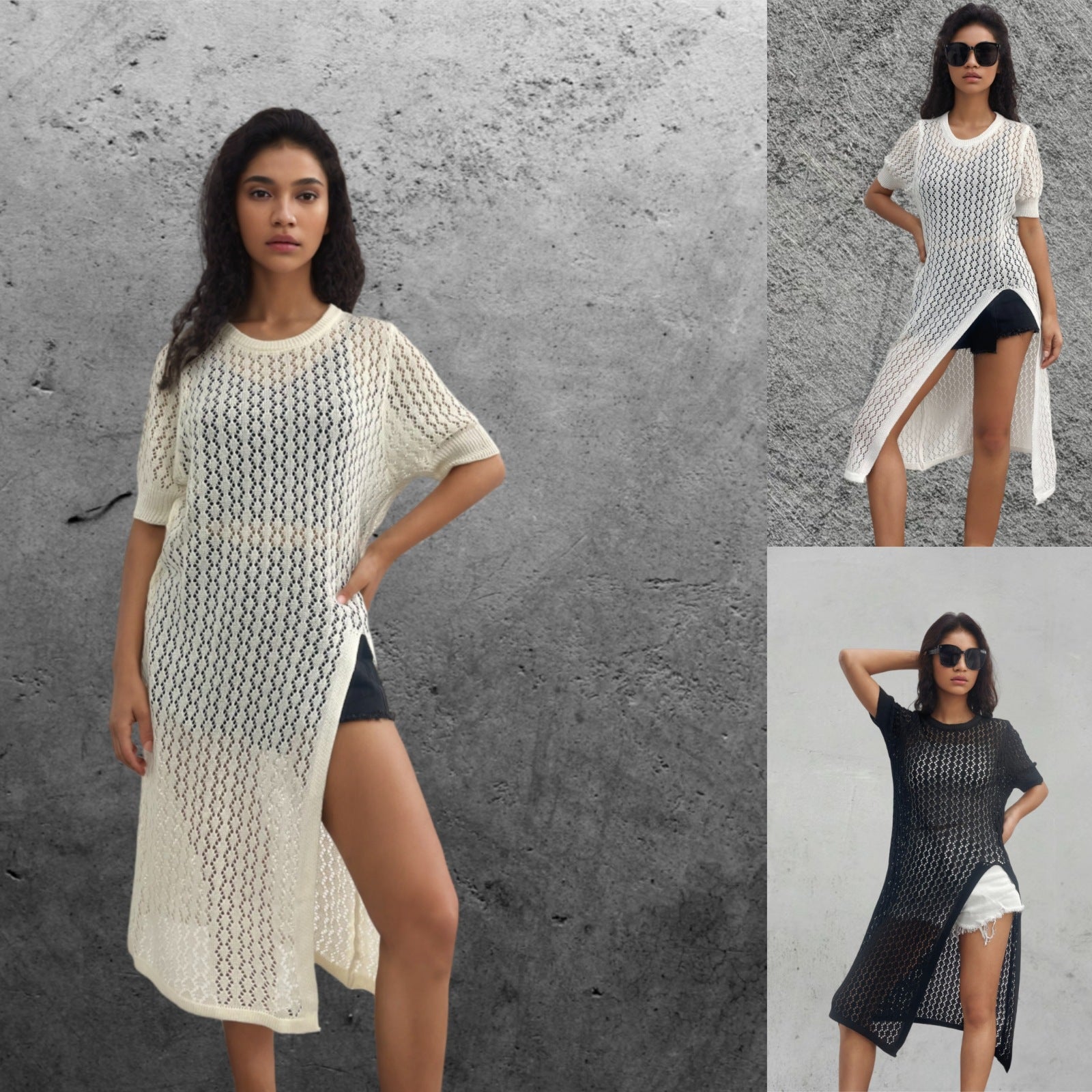 Damen Langer Strick-Kimono mit offenem Design und atmungsaktiver Maschenstruktur R&B