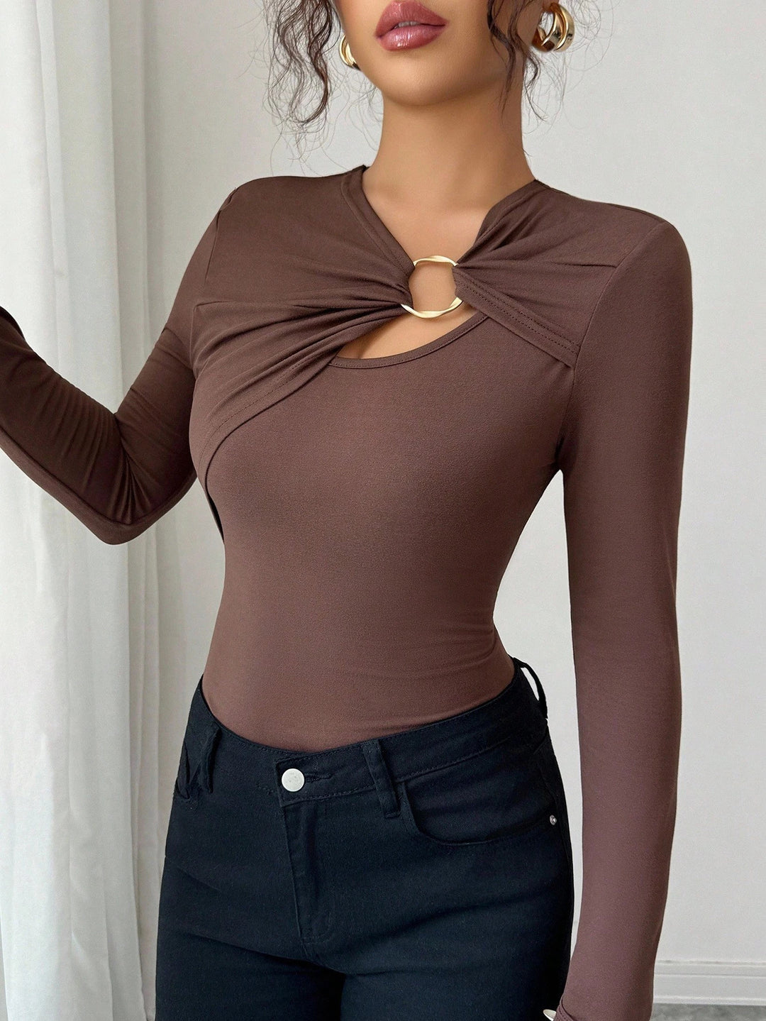 Damen nan figurbetonter Langarm-Body mit Leopardenprint und Zier-Ring R&B