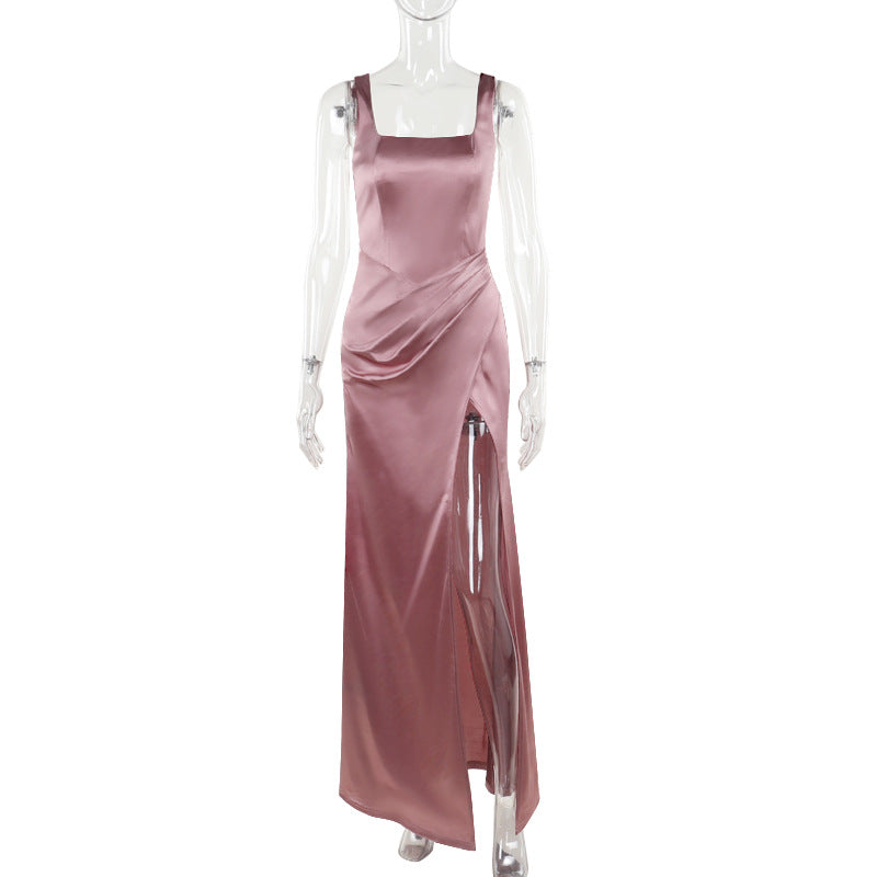 Damen elegantes Maxikleid mit anliegendem Oberteil und hohem Schlitz R&B