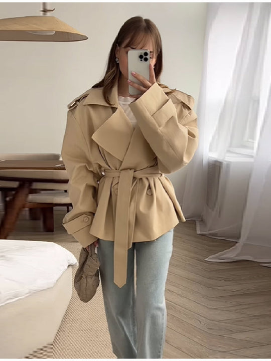 Damen Modische Trenchjacke mit tailliertem Schnitt und Gürtel R&B