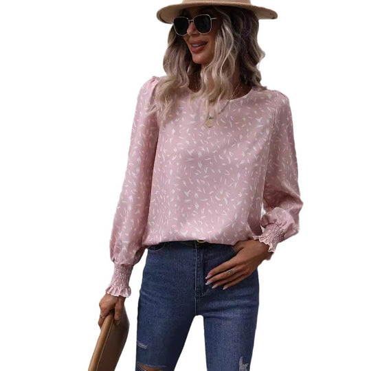 Damen elegante Bluse mit raffinierten Puffärmeln und zartem Muster R&B