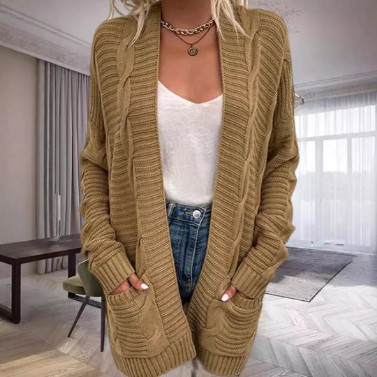 Damen Grobstrickcardigan mit seitlichen Taschen und feinem Muster R&B