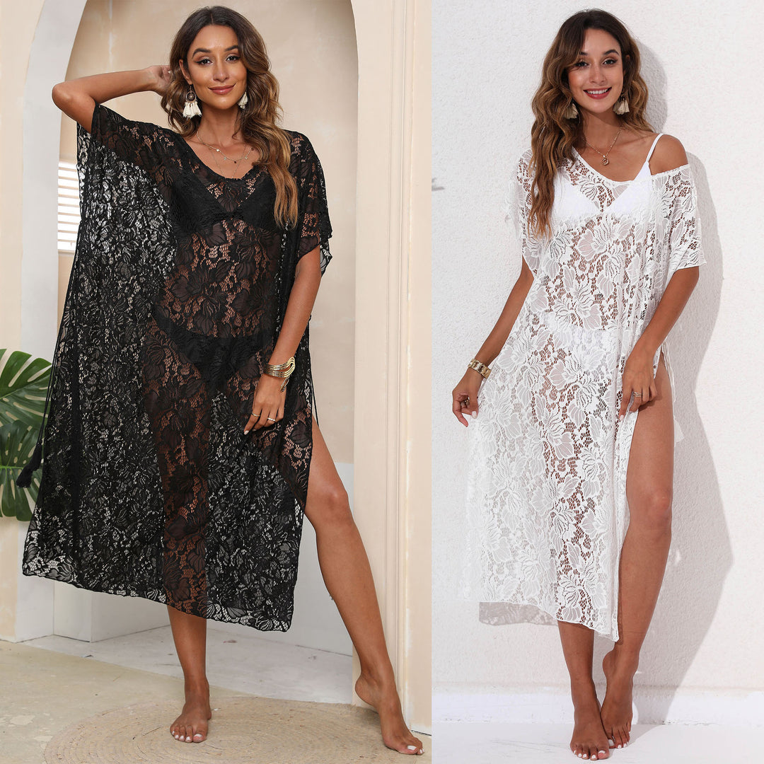 Damen eleganter Häkelstrandüberwurf mit floralen Mustern R&B