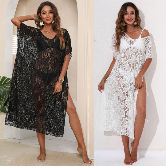 Damen eleganter Häkelstrandüberwurf mit floralen Mustern R&B