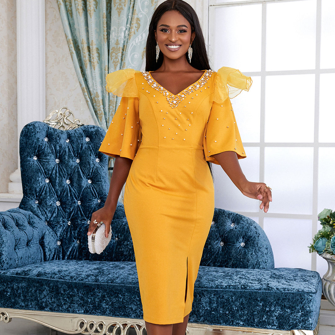 Damen elegantes Schimmerndes Midi-Kleid mit Volantrüsche und Glamourösen Akzenten R&B