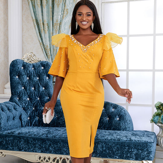 Damen elegantes Schimmerndes Midi-Kleid mit Volantrüsche und Glamourösen Akzenten R&B