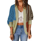 Damen nan lässige Strickjacke im Patchwork-Stil mit offener Front und 3/4-Ärmeln R&B