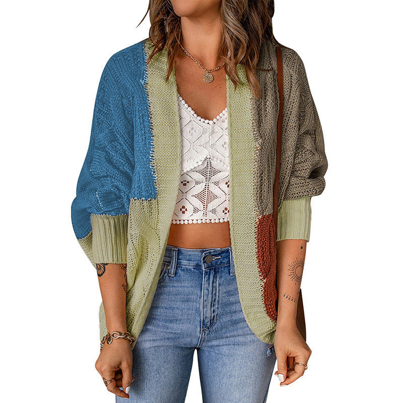 Damen nan lässige Strickjacke im Patchwork-Stil mit offener Front und 3/4-Ärmeln R&B