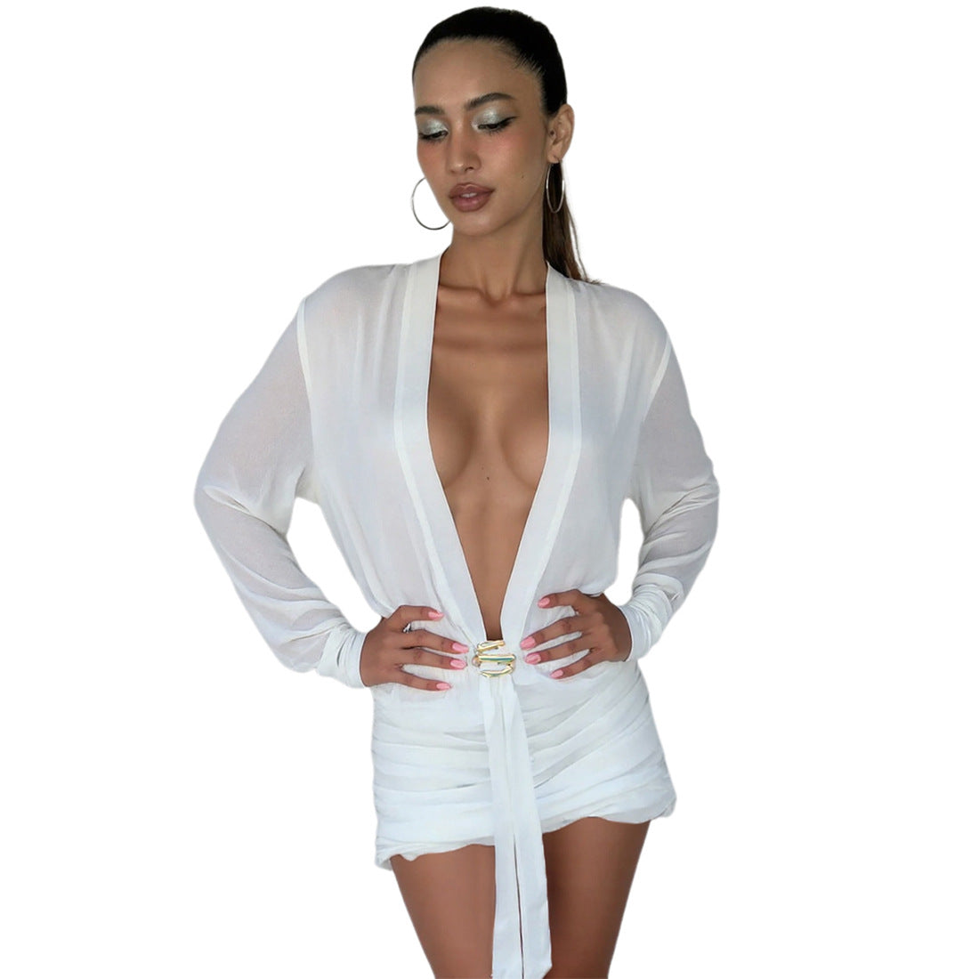 Damen Wickelbluse mit eleganter Raffung und buntem Broschenverschluss R&B