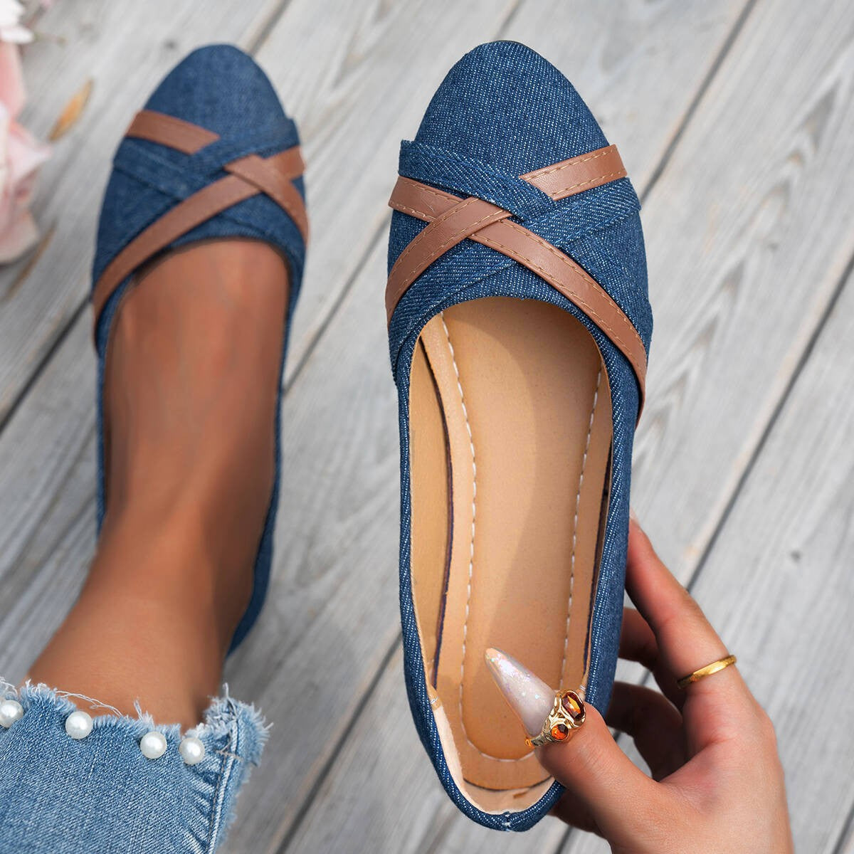 Damen Ballerinas mit modischer Strap-Kombination und elastischer Sohle R&B