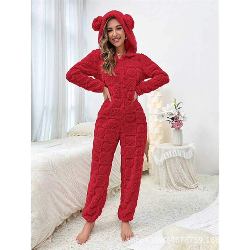 Damen Gemütlicher Fleece-Overall mit Kapuze R&B