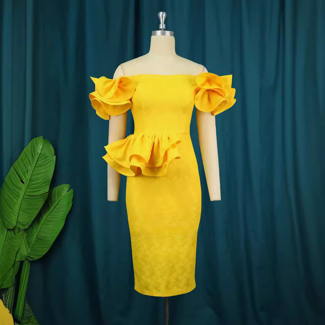 Damen figurbetontes Cocktailkleid mit voluminösen Rüschenärmeln R&B