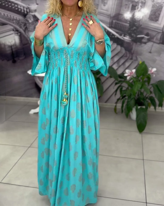Damen nan gerafftes Maxikleid mit Smok-Taille, Kimonosärmeln und Zierquaste R&B