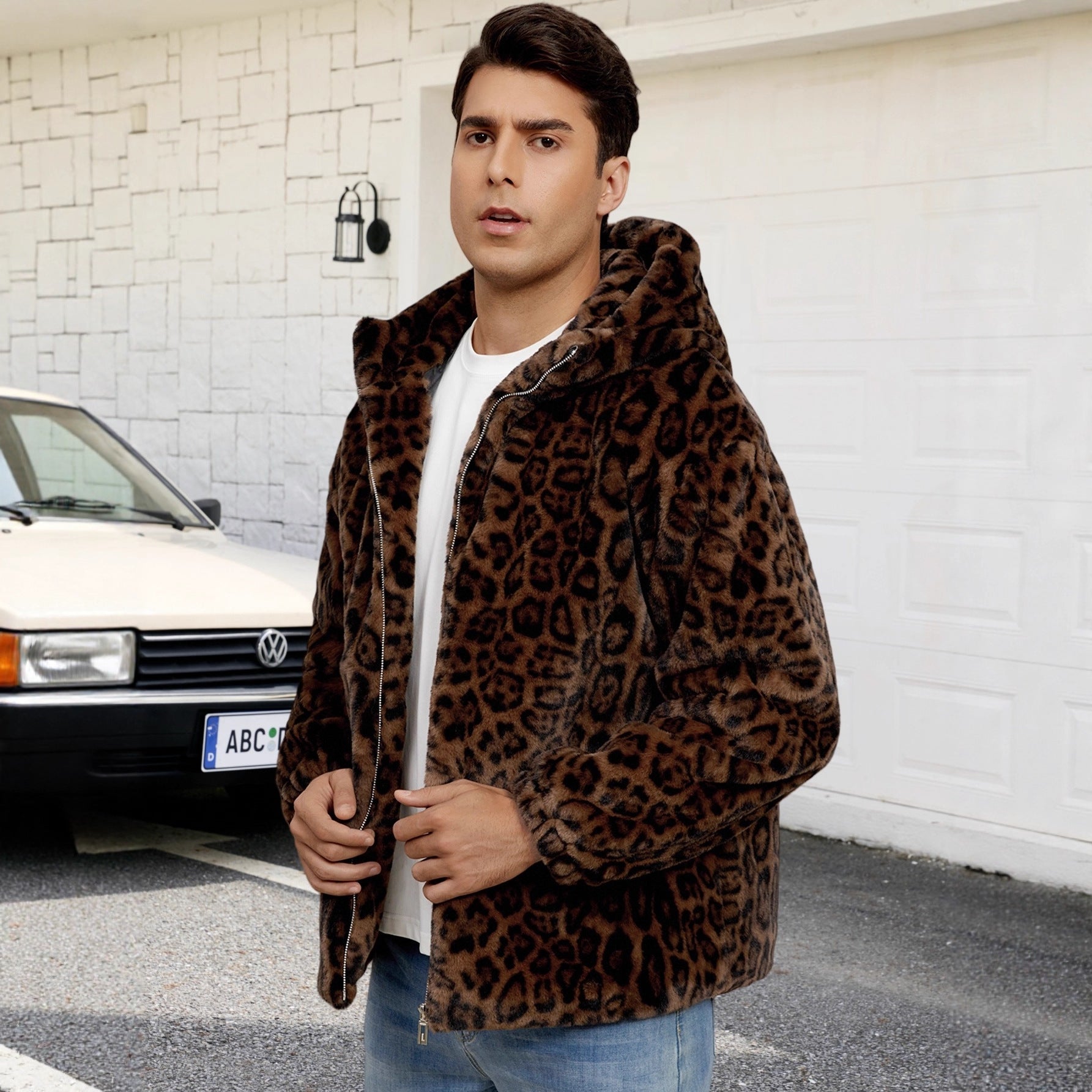 Herren Flauschige Kunstpelzjacke mit modischem Leopardenmuster R&B
