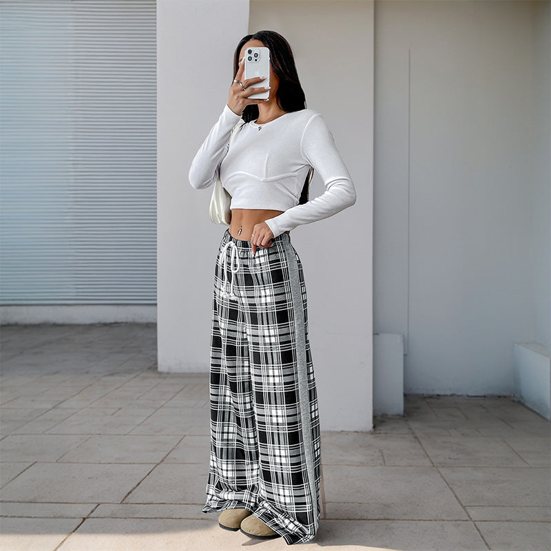 Damen weite Freizeithose mit Karo-Muster und verstellbarem Bund R&B