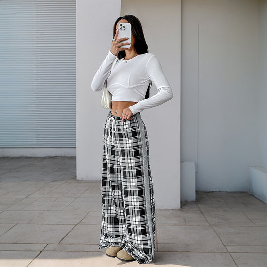 Damen weite Freizeithose mit Karo-Muster und verstellbarem Bund R&B