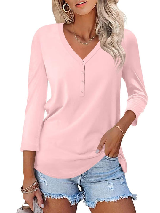 Damen Langarm T-Shirt mit Knopfleiste und V-Ausschnitt R&B