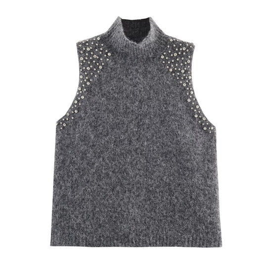 Damen ärmelloses Strickoberteil mit eleganten Perlenverzierungen R&B