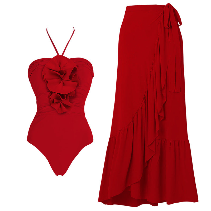 Damen Eleganter V-Ausschnitt Badeanzug mit dekorativem Blumenarrangement R&B
