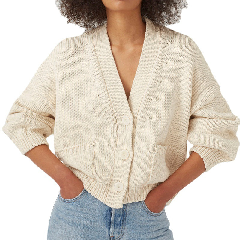 Damen lässiger Strickcardigan mit großen Taschen und Knopfverschluss R&B