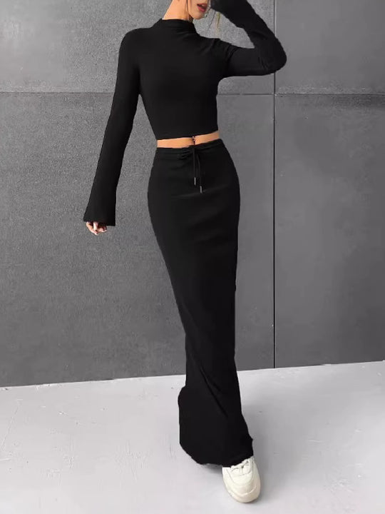 Damen Elegantes und komfortables Crop-Top mit langem Ärmel und Maxi-Rock R&B