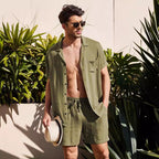 Herren nan zweiteiliges Sommer-Freizeitensemble mit offenem Revershemd und elastischer Kurzhose R&B