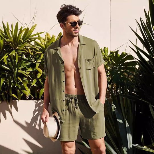 Herren nan zweiteiliges Sommer-Freizeitensemble mit offenem Revershemd und elastischer Kurzhose R&B