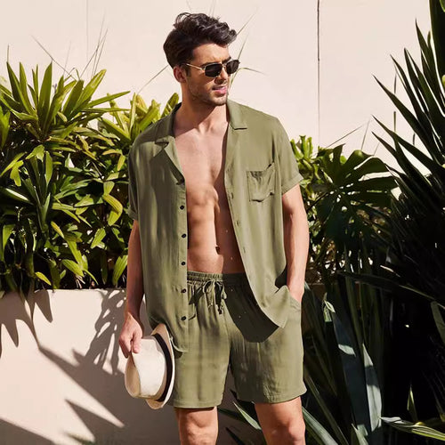 Herren nan zweiteiliges Sommer-Freizeitensemble mit offenem Revershemd und elastischer Kurzhose R&B