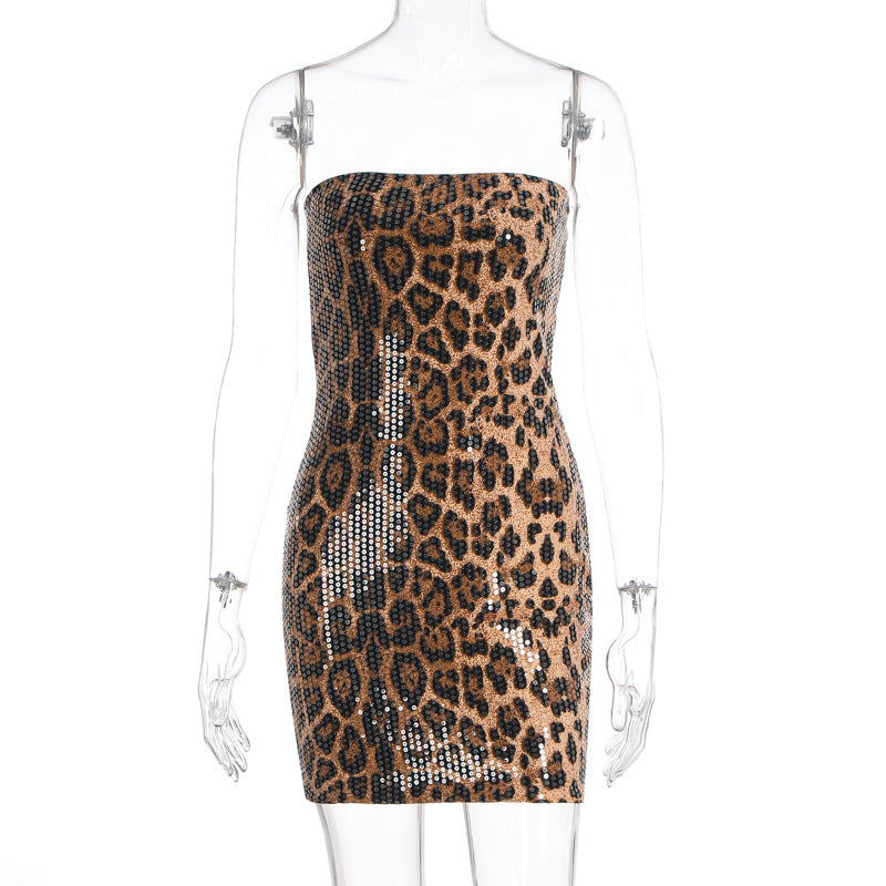 Damen Glitzerndes Minikleid mit Leopardenmuster und Spaghettiträgern R&B