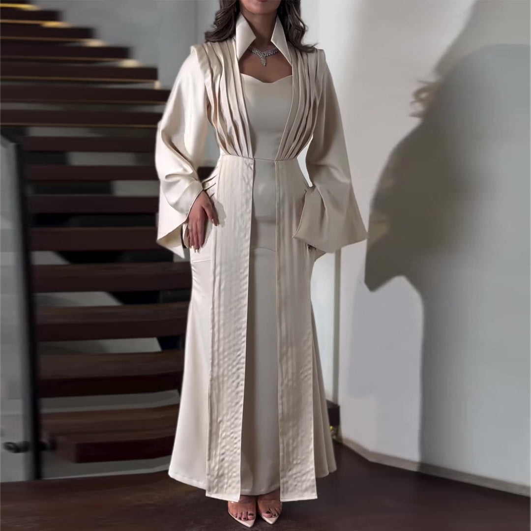 Damen elegantes Maxikleid mit schickem Taillenschnitt und luxuriösem Satinbesatz R&B