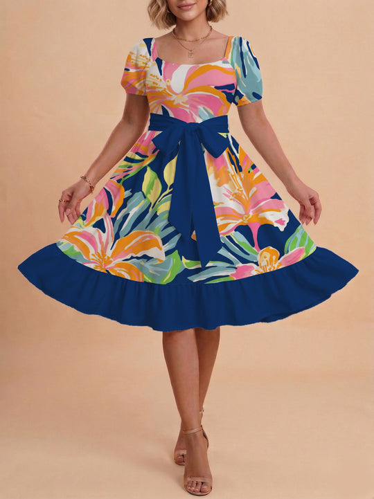 Damen modernes Blumenkleid mit elegantem Taillengürtel und asymmetrischem Saum R&B