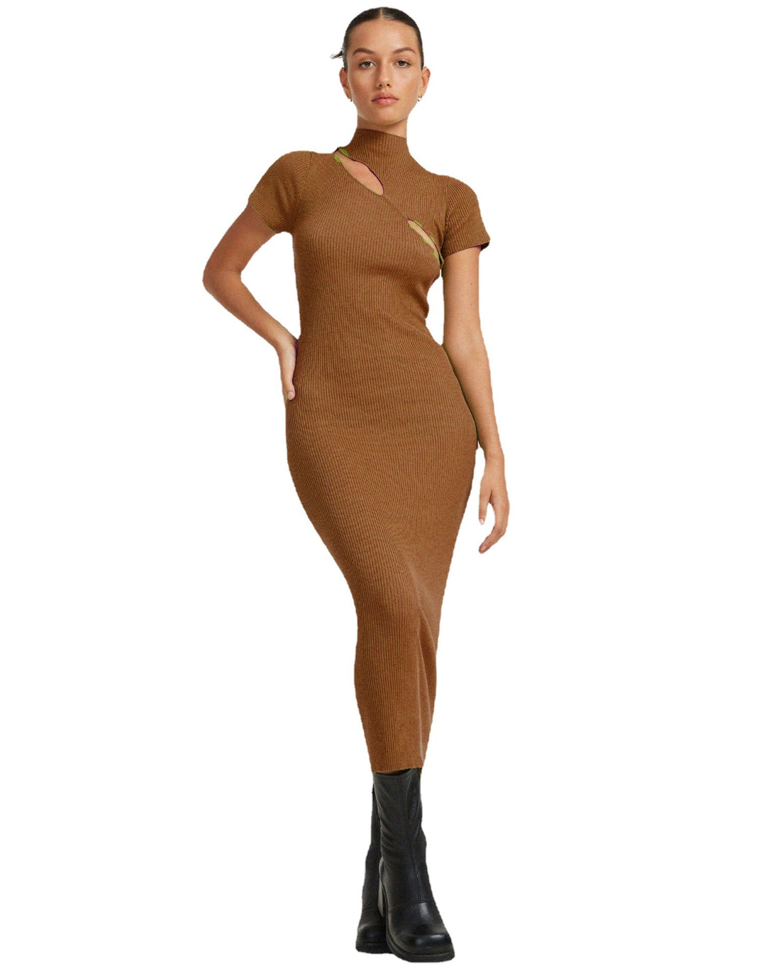 Damen figurbetontes Strickkleid mit asymmetrischem Ausschnitt und hohem Kragen R&B