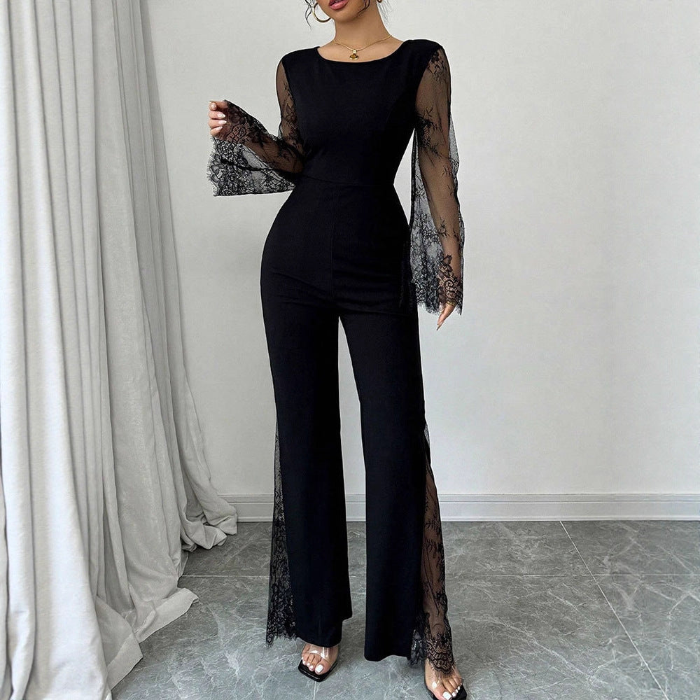 Damen Eleganter Jumpsuit mit schimmernder Spitze und weitem Bein R&B