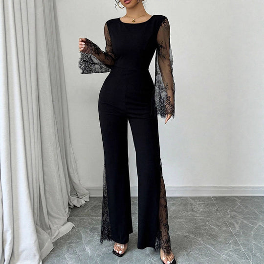 Damen Eleganter Jumpsuit mit schimmernder Spitze und weitem Bein R&B