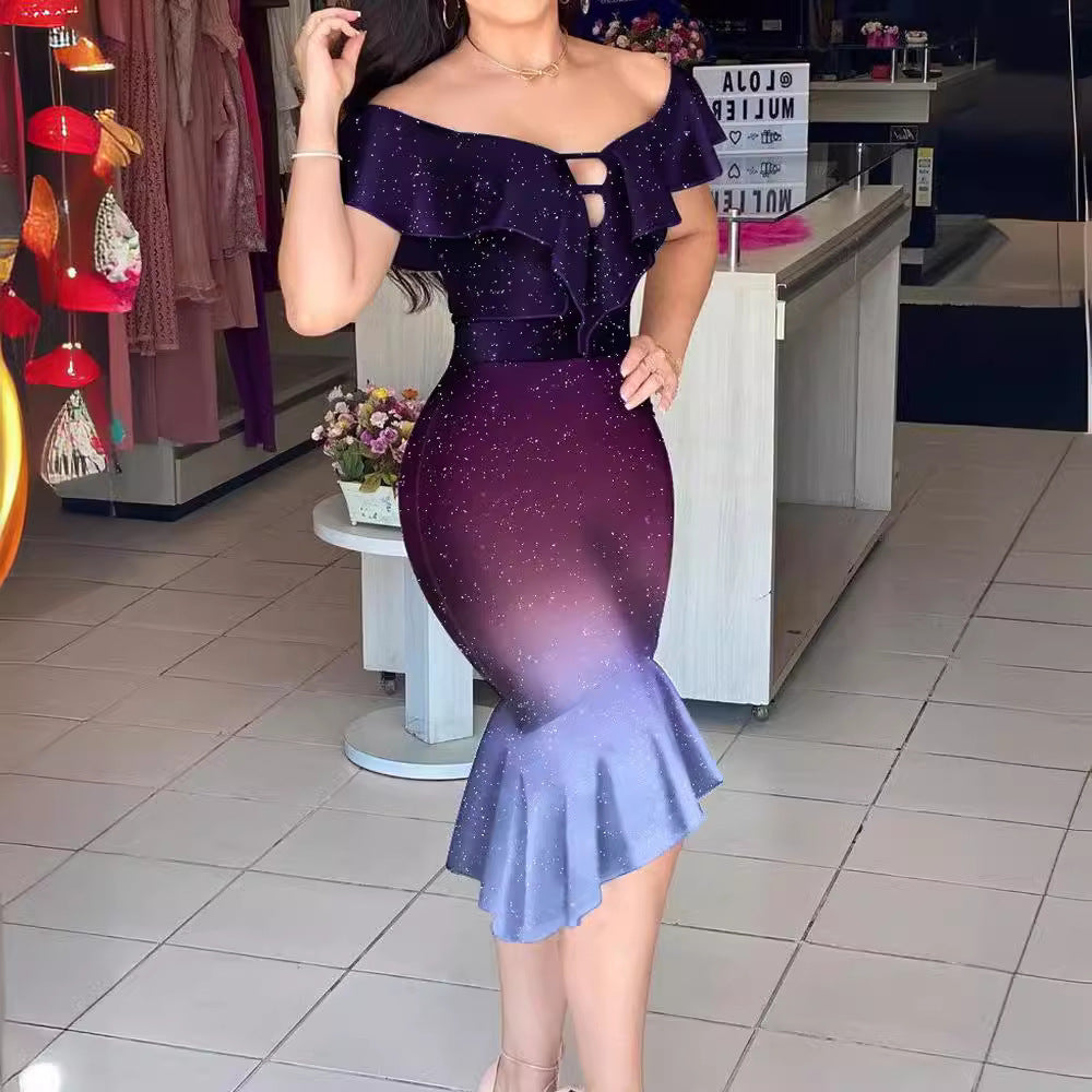 Damen Glitzerndes Midi-Kleid mit Rüschen und Schlitz R&B