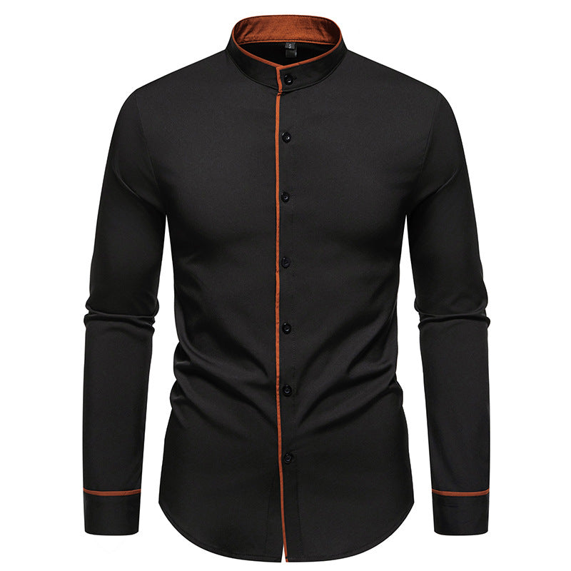 Herren Langarmhemd mit modernem Stehkragen und gesticktem Detail R&B