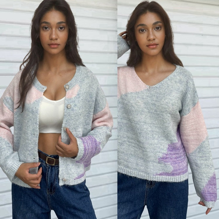Damen kreativer Strickpullover mit asymmetrischem Ausschnitt und buntem Design