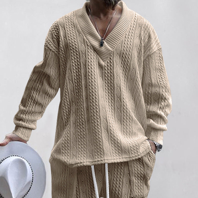 Herren lässiger Strickpullover mit V-Ausschnitt und Kabelmuster R&B