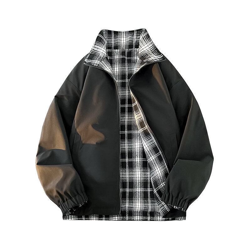 Damen lässige Windjacke mit kariertem Innenfutter und hohem Kragen R&B
