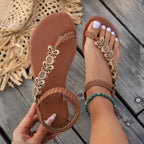 Damen Zehenstegsandalen mit geflochtenem Riemendesign und floralem Schmuck R&B