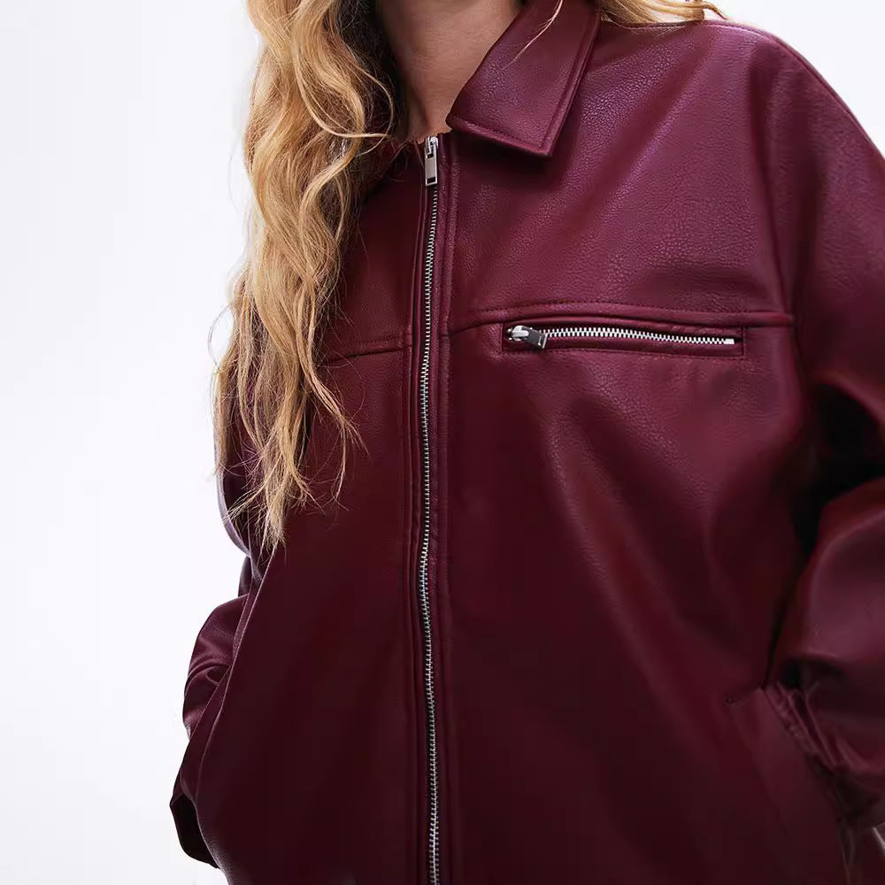 Damen modische Kunstlederjacke mit elastischem Saum und modernem Schnitt R&B