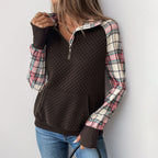 Damen lässiger Fleece-Pullover mit Karomuster und praktischen Kängurutaschen