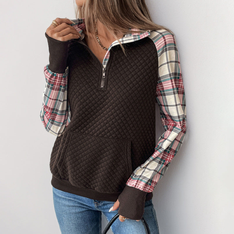 Damen lässiger Fleece-Pullover mit Karomuster und praktischen Kängurutaschen