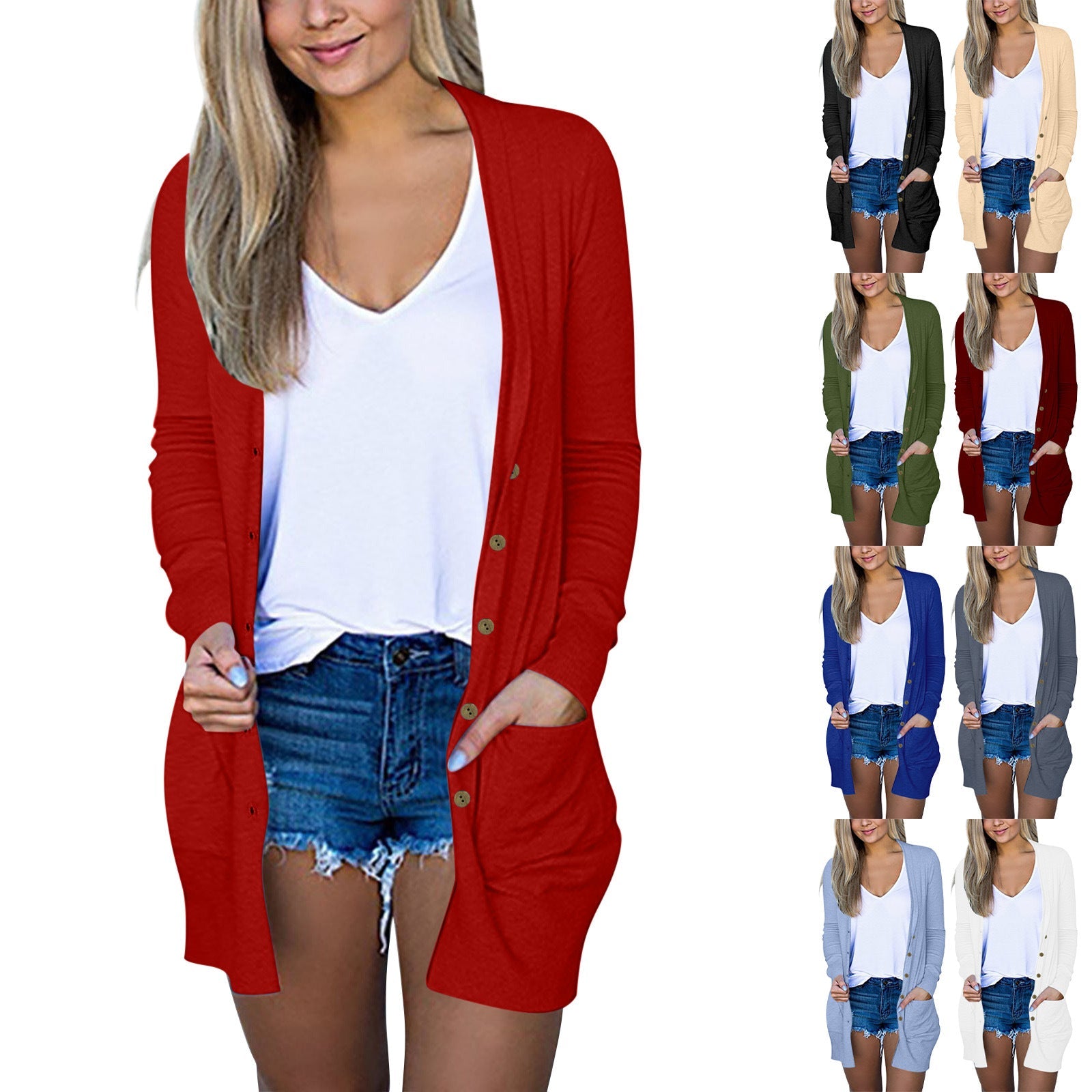 Damen lange Strickjacke mit Taschen R&B