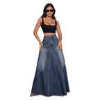 Damen langer Jeansrock mit fransigem Saum R&B